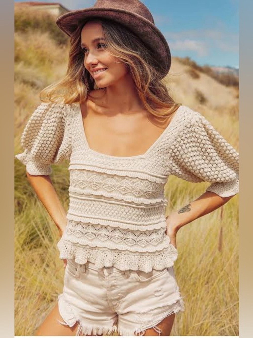 Vici Crochet knit Square-Neck Puff Sleeve sweater Top